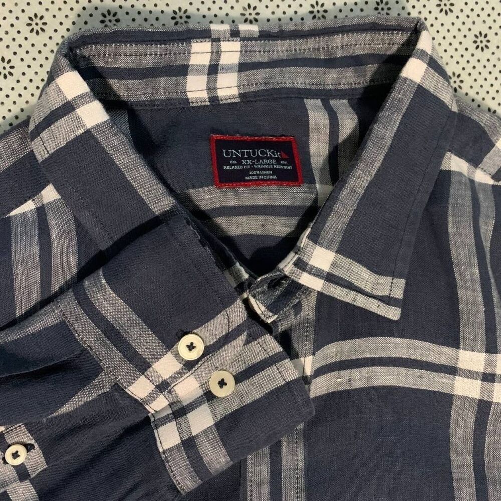 UNTUCKit Ovada WR Relaxed Fit 100% Linen Shirt XXL Navy Plaid Wrinkle Resist